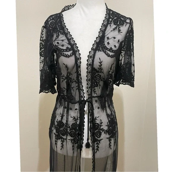 NWT Bloomingdale's AQUA Black Floral Short Sleeve Sheer Kimono, M - Picture 3 of 16